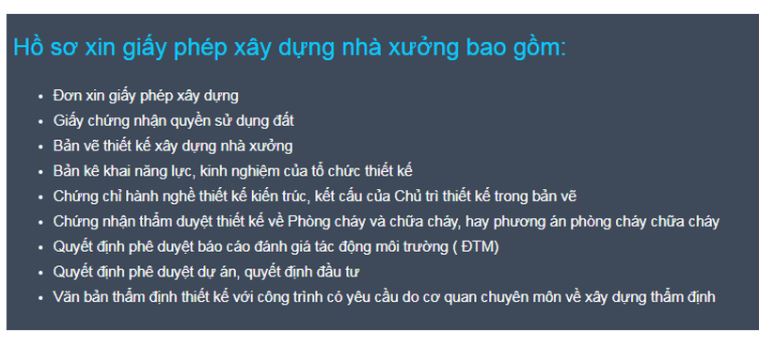 Hồ sơ xin giấy phép xâu dựng nhà xưởng