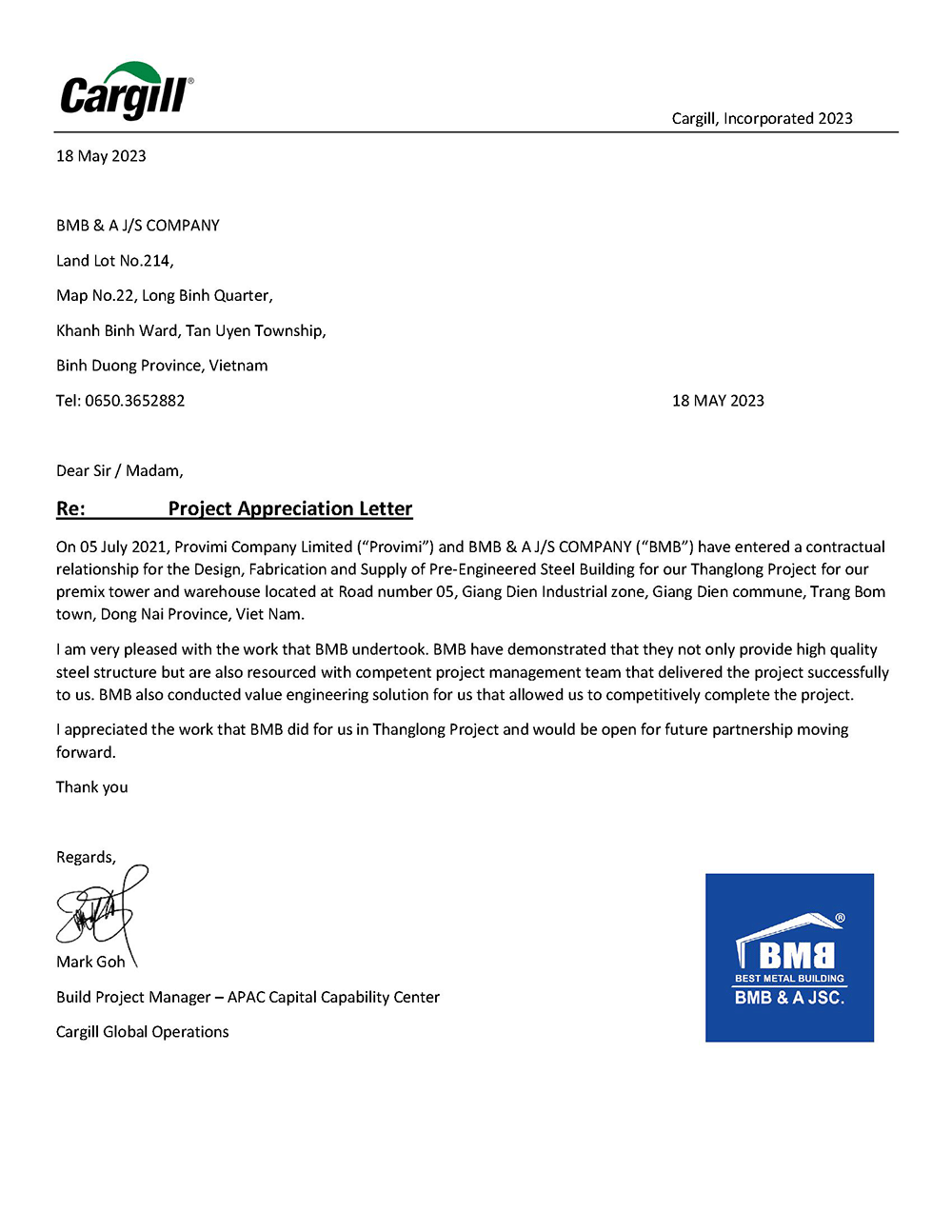 Appreciation letter from Provimi Co.Ltd (Cargill Viet Nam)