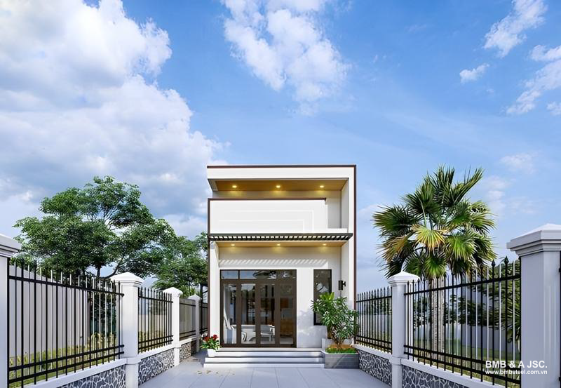 Nhà tiền chế gác lửng phong cách hiện đại tối giản