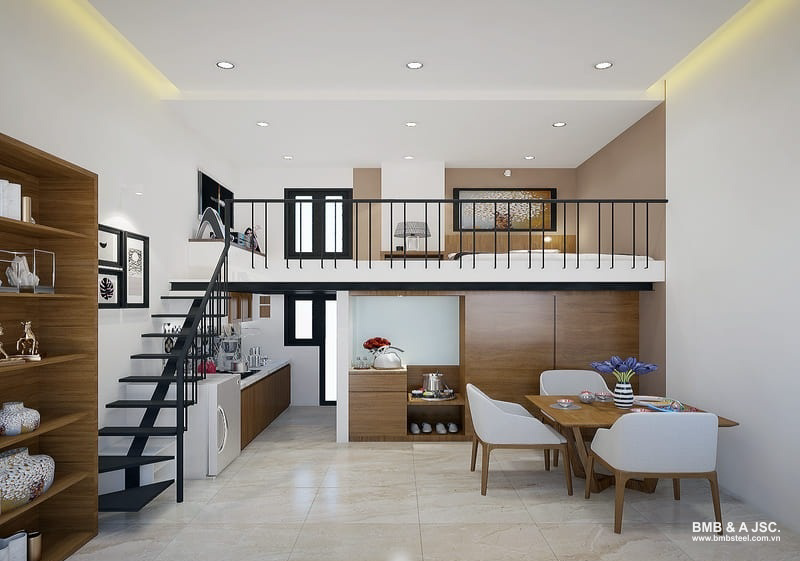 Minimalism, warm Japanese-inspired mezzanine prefabricated house