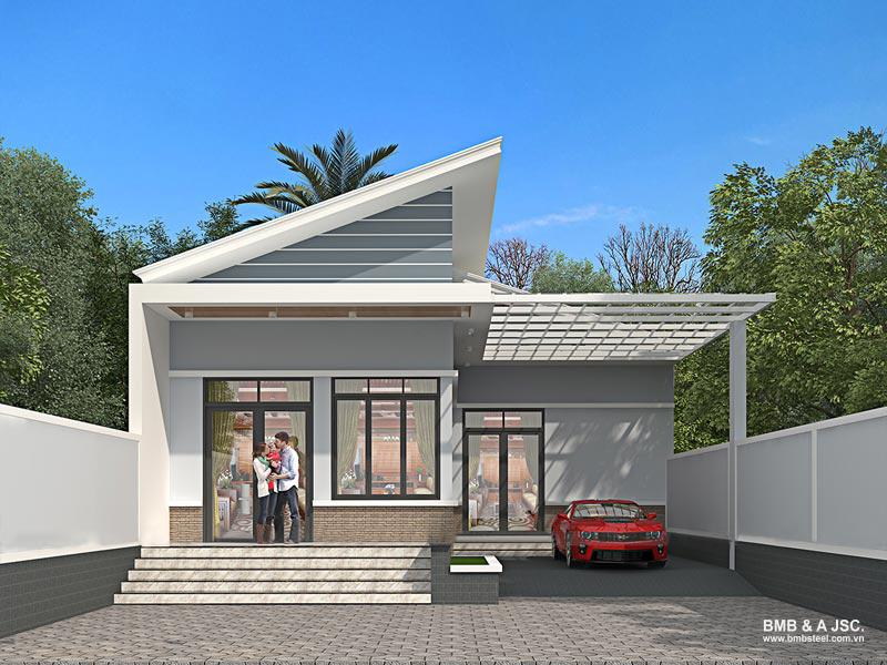 Nhà tiền chế cấp 4 mái lệch tạo điểm nhấn thẩm mỹ