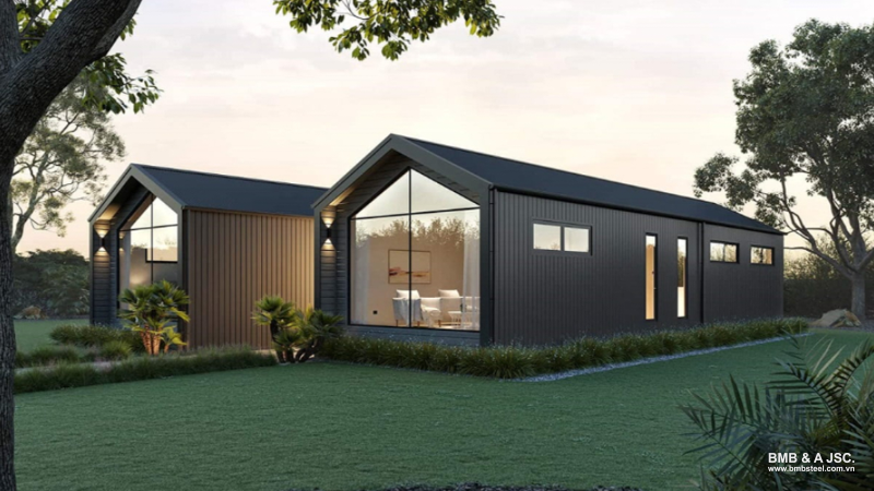Double-slope metal sheet pre-engineered building with balance and aesthetics