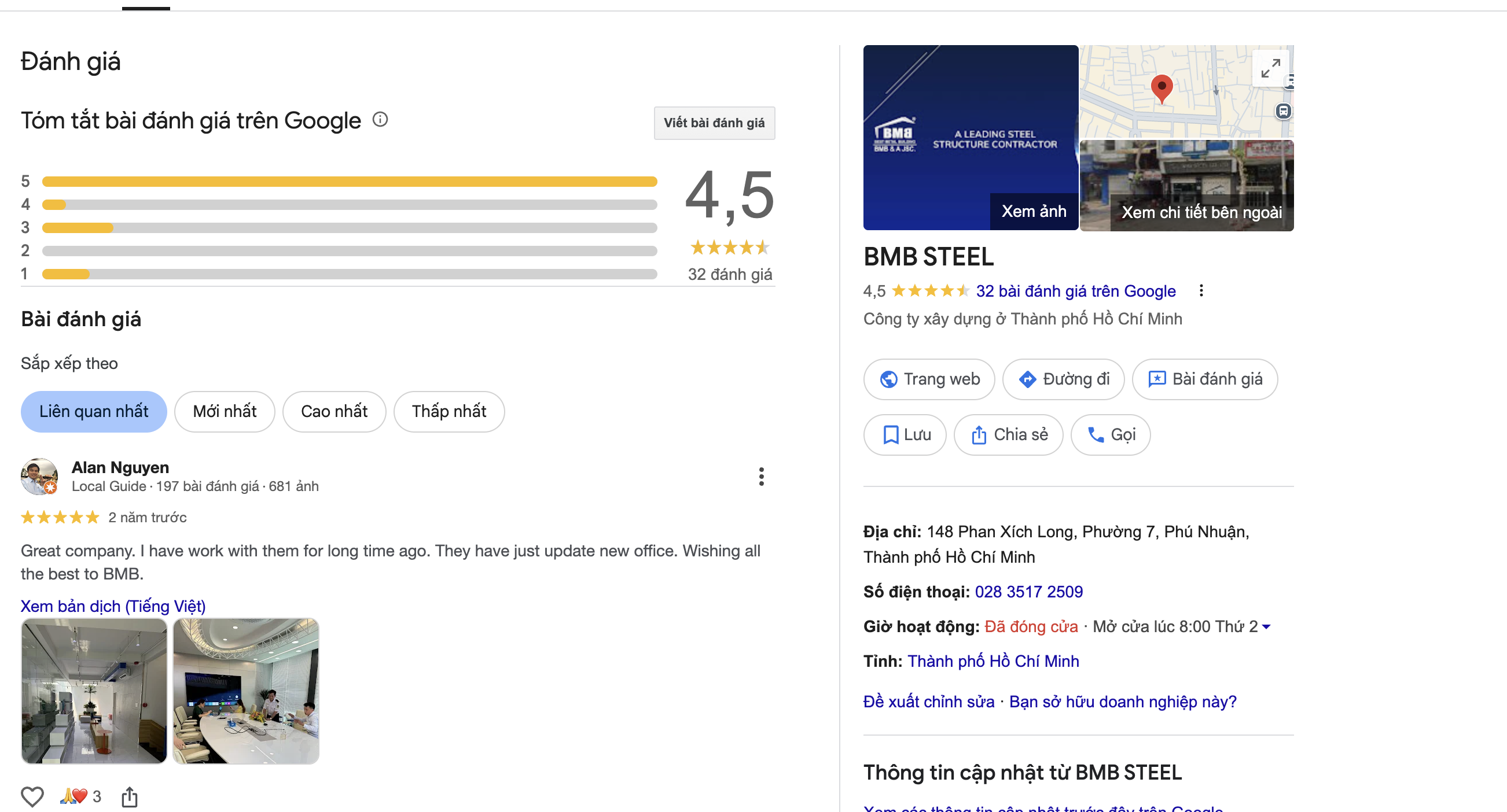 Đánh giá từ khách hàng trên Google dành cho BMB Steel